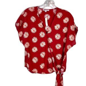 Madewell Sash-Tie Wrap Top Red Daisy Daydream Floral V-Neck Short Sleeve M